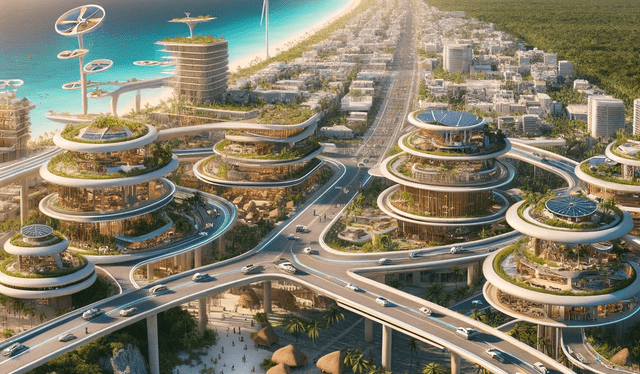 A futuristic vision of Tulum, Mexico in the year 3000. The city combines advanced eco-friendly technology with its rich Mayan heritage. The architecture features sustainable materials and designs, with solar panels and wind turbines integrated into traditional Mayan motifs. Elevated pathways connect the city, preserving the natural landscape below. Autonomous electric vehicles and bicycles are the main modes of transport. The coastline is protected by advanced barrier systems, preventing erosion and promoting marine biodiversity. The skies are clear, and drones monitor environmental health, highlighting Tulum's commitment to preserving its natural beauty and cultural heritage.
