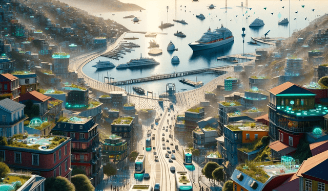 A futuristic vision of Valparaíso, Chile in the year 3000. The city retains its iconic hillside architecture, now enhanced with sustainable, high-tech materials. Colorful houses are upgraded with energy-efficient systems and green roofs. Advanced public transportation systems, including aerial trams and eco-friendly buses, navigate the steep hills. The port area is transformed into a hub for marine innovation, featuring floating labs and clean energy platforms. Public art installations are interactive and powered by renewable energy, reflecting the vibrant cultural scene. The entire cityscape is dotted with sensors and drones for smart city management, emphasizing efficiency and environmental preservation.