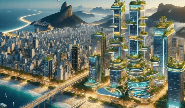 A futuristic vision of Rio de Janeiro, Brazil in the year 3000. The city skyline is transformed by towering eco-skyscrapers that blend modern design with the lush greenery typical of Rio. These buildings are equipped with solar panels and rainwater harvesting systems. The famous beaches like Copacabana are maintained with advanced water purification technologies, ensuring crystal-clear waters. Public transport includes high-speed aerial trams and underwater tunnels connecting different parts of the city. The iconic Christ the Redeemer statue is surrounded by a high-tech interactive museum dedicated to cultural history. The city is vibrant with digital art displays and drone light shows in the night sky, reflecting a celebration of Brazilian culture.