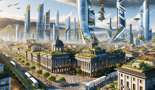 A futuristic vision of Quito, Ecuador in the year 3000. The city is a blend of historic colonial architecture and advanced technology. Skyscrapers with eco-friendly designs tower over preserved colonial buildings, which have been modernized internally while maintaining their external heritage aesthetics. The cityscape includes extensive green roofs and vertical gardens, promoting biodiversity. Public transport is highly efficient, featuring magnetic levitation trains and electric buses. The historic center is a pedestrian-only zone with interactive digital museums and cultural displays. Renewable energy sources, such as solar and geothermal, power the city, demonstrating Quito's commitment to sustainability and its rich cultural heritage.
