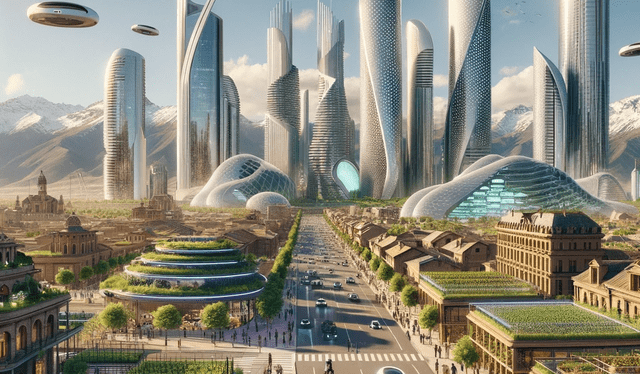 A futuristic vision of Mendoza, Argentina in the year 3000. The cityscape showcases a blend of high-tech and traditional Argentine elements. Skyscrapers made of smart glass and steel rise alongside traditional adobe houses, all designed to withstand earthquakes. The streets are bustling with hover cars and electric bikes. Green spaces and vertical farms are abundant, reflecting Mendoza's focus on sustainability and agriculture. Advanced irrigation systems, derived from historical acequias, support extensive vineyards, which produce world-class wine using eco-friendly practices. The Andes mountains in the background are dotted with renewable energy installations, like solar panels and wind turbines.