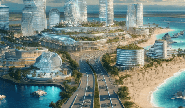 A futuristic vision of Punta del Este, Uruguay in the year 3000. The city is a blend of ultra-modern architecture and natural beauty, set against the backdrop of its famous beaches. Buildings are constructed with transparent materials that reflect the ocean's colors, and are powered by tidal and solar energy. The city's public spaces are filled with interactive digital art installations, enhancing the vibrant cultural scene. Luxurious resorts are equipped with eco-friendly technologies, ensuring sustainability without compromising on comfort. Streets are lined with lush vegetation, and autonomous vehicles glide silently along them. The coastline is preserved with innovative environmental protection technologies, showcasing Punta del Este's commitment to its natural heritage.