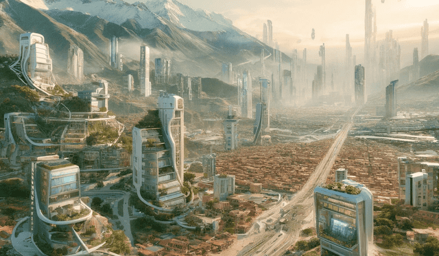 A futuristic vision of La Paz, Bolivia in the year 3000. The cityscape is transformed by high-altitude architecture designed to cope with the mountainous terrain. Buildings are built with lightweight, yet sturdy materials that adapt to the city's unique topography. Advanced transportation systems, like cable cars and vertical elevators, connect different elevations seamlessly. The air is clean, thanks to widespread use of renewable energy sources like wind and solar. Green spaces and public parks are abundant, integrated into residential and commercial areas to maintain a balance with nature. The cultural heritage of the city is preserved in digital archives accessible to all, showcasing the rich history of La Paz.