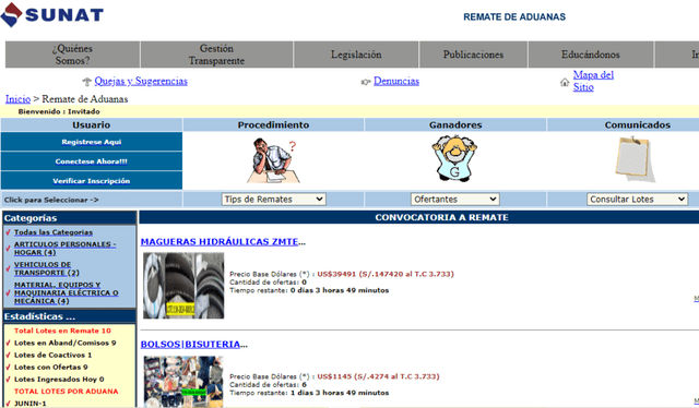  Así es la página web en donde se realiza el remate de Aduanas. Foto: captura de pantalla 
