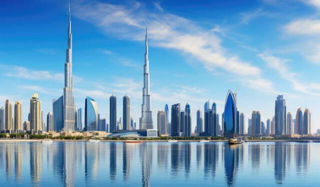 Dubái horizonte con rascacielos reflejado en agua, una imagen de modernidad y sostenibilidad. Foto: vecteezy generado por IA   