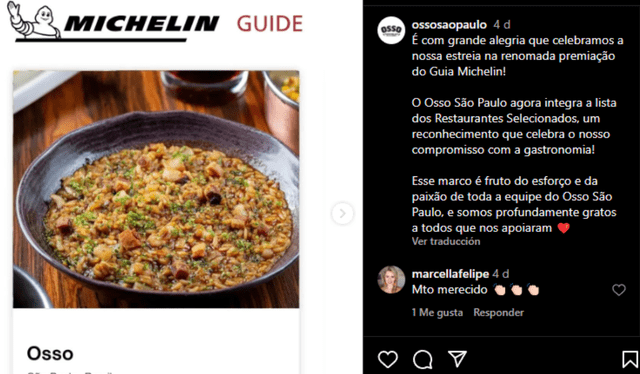  Restaurante Osso en la Guía Michelín 2024. Foto: captura Instagram   