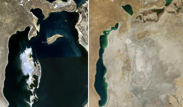 El mar Aral, antes y hoy en día. Foto: El Debate   