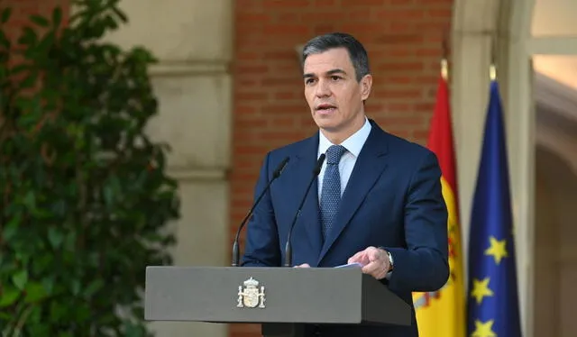 Pedro Sánchez, pronuncia un discurso sobre el reconocimiento de la estatalidad palestina por parte de España, en el Palacio de La Moncloa de Madrid. Foto: AFP   