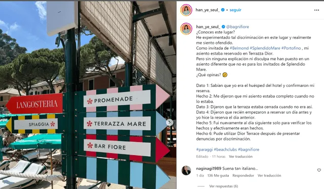 La actriz enumeró todos lo que vivió en el hotel donde estaba hospedad. Foto: captura Instagram Han Ye Seul.   