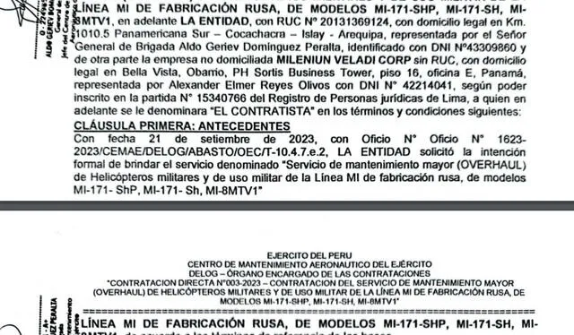  Contrato suscrito por el Ejército con la empresa panameña Milenium Veladi Corp.    