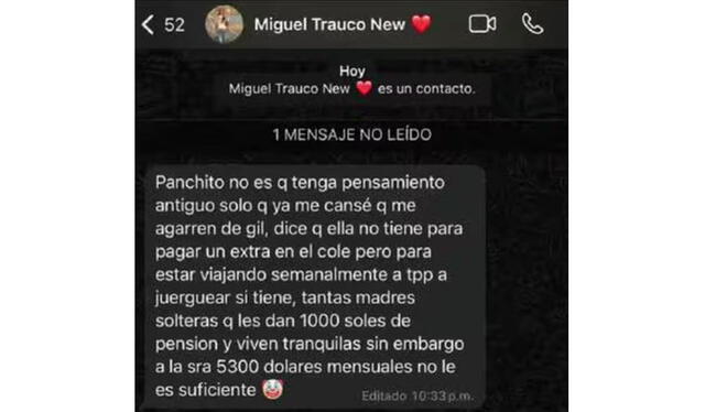 Chat publicado de Miguel Trauco con Francisco Arévalo, conductor de espectáculos de Tarapoto. Foto: Francisco Arévalo / Instagram   