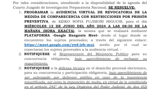 Resolución del Poder Judicial para la audiencia de Keiko Fujimori   