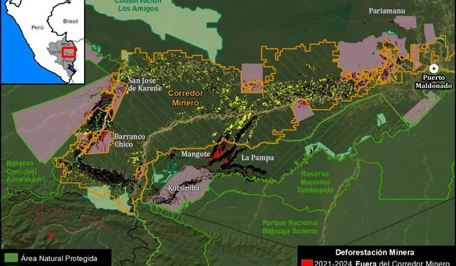  Un cuarto del área deforestada identificada corresponde a probable minería ilegal, en zonas prohibidas para la actividad. Foto: MAAP 