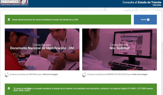  Web oficial de Reniec para verificar si el DNI está listo para recoger. Foto: Reniec.    