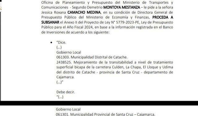  El oficio que Tania Ramírez remitió al exministro Álex Contreras para que retorne la obra a Santa Cruz.    