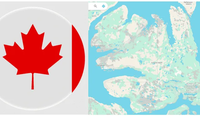  La isla Victoria presenta una silueta que recuerda al icónico símbolo de Canadá. Foto: composición de Karen Olaya LR/captura de Google Maps/Vecteezy   