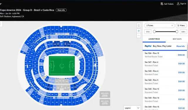 Precios de entradas para el partido inaugural de Costa Rica vs. Brasil. Foto: Ticketmaster   