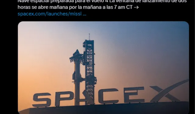 SpaceX ha confirmado el cuarto vuelo de prueba de Starship en su cuenta oficial de X. Foto: SpaceX   