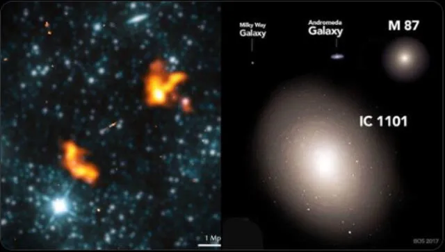 A la izquierda, la huellas de radio de Alcioneo. A la derecha, una comparación entre galaxias. Foto: Martijn Oei et al./X   