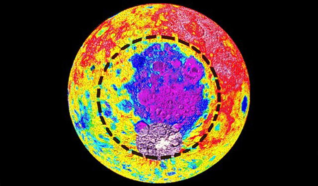 Mapa del Polo Sur lunar, donde se distingue la cuenca Aitken. Foto: The Clementine Project/NASA. 