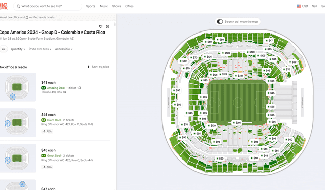 Precios de entradas disponibles para el partido de Panamá vs. Costa Rica. Foto: SeatGeek   