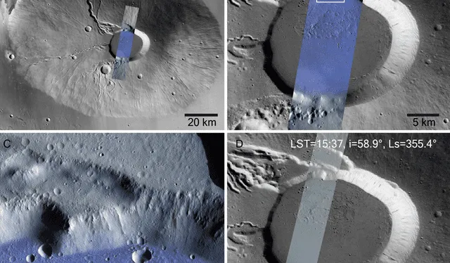También se ha encontrado escarcha en el Ceraunius Tholus, volcán de 130 kilómetros de diámetro. Foto: ESA   