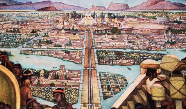  La llegada de los conquistadores españoles significó el final del Imperio Azteca. Mural: Diego de Rivera    