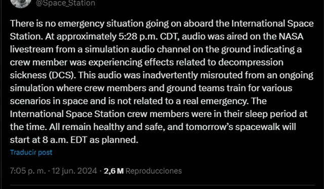 La NASA compartió una explicación de lo sucedido vía X. Foto: captura de X   