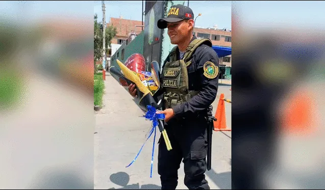  Una mujer vestida de vaquera se acercó al efectivo policial con un ramo de flores. Foto: composición LR/TikTok/@lapatronaperuanaaa   