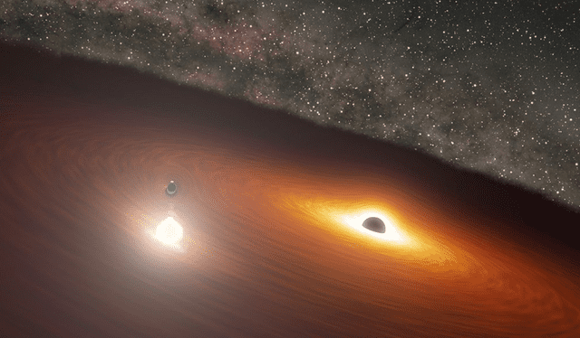 Cuando el agujero negro más pequeño se estrella contra el disco, produce una llamarada más brillante que 1 billón de estrellas. Foto: NASA/JPL-Caltech   