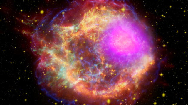 Cassiopeia A, un remanente de supernova en la constelación de Casiopea. Foto: NASA/DOE/Fermi LAT Collaboration, CXC/SAO/JPL-Caltech/Steward/O. Krause et al., y NRAO/AUI   