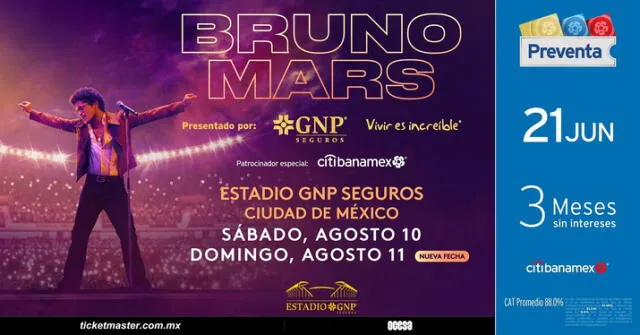 Los boletos para Bruno Mars en el Estadio GNP Seguros del próximo 10 de agosto se acabaron en las pineras horas de venta. Foto: OCESA   