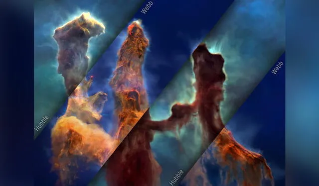 Imágenes entrelazadas de los Pilares de la Creación hechas por Webb y Hubble de la NASA. Foto: NASA   
