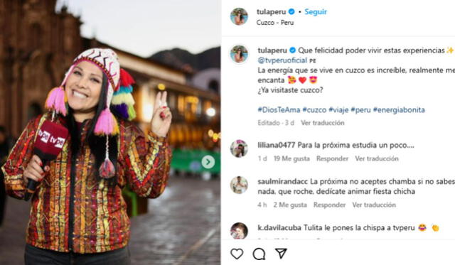 Tula Rodríguez en Cusco. Foto: Tula Rodríguez/ Instagram    