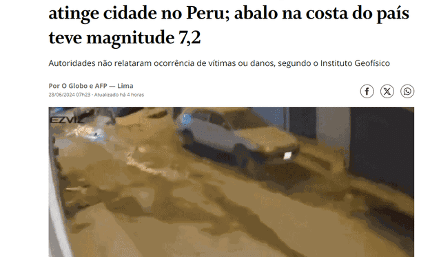 El medio brasileño reportó el sismo en Arequipa en su página web. Foto: O Globo/captura   