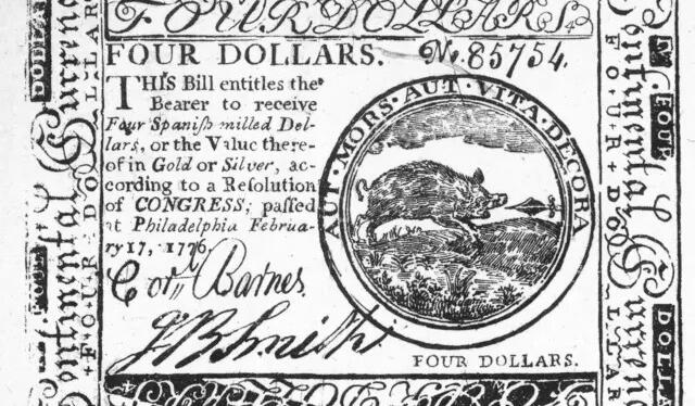 La "Moneda Continental", billete de 4 dólares estadounidense inspirado en el Real de a ocho. Foto: BBC   