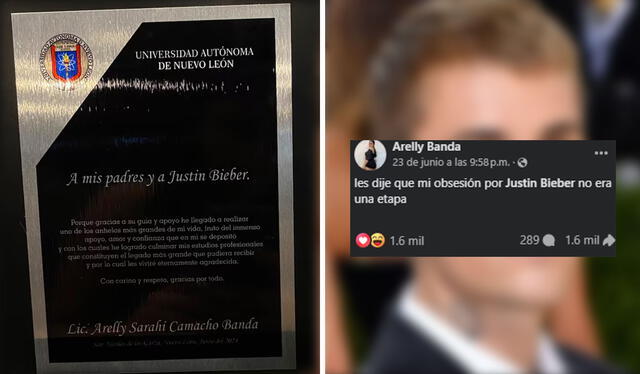  Arelly Banda, graduada de la UANL, dedicó su reconocimiento académico a Justin Bieber, causando sensación en Facebook. Foto: composición LR/ Facebook    