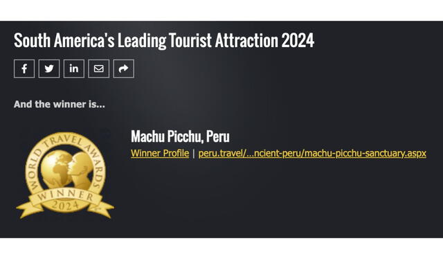 Web oficial de World Travel Awards, que da como ganador a Machu Picchu este 2024. Foto: World Travel Award   