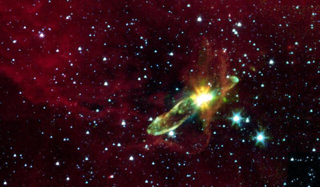Imagen de la protoestrella llamada Herbig-Haro 46/47. Fue tomada por el telescopio espacial Spitzer utilizando luz infrarroja cercana para atravesar la nube oscura. Foto: NASA/JPL   