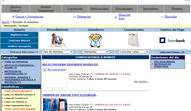  Portal web del remate de Aduanas. Foto: Sunat   