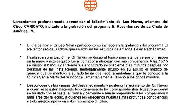  América TV se pronuncia sobre el deceso de Leo Navas. Foto: Instagram<br>    