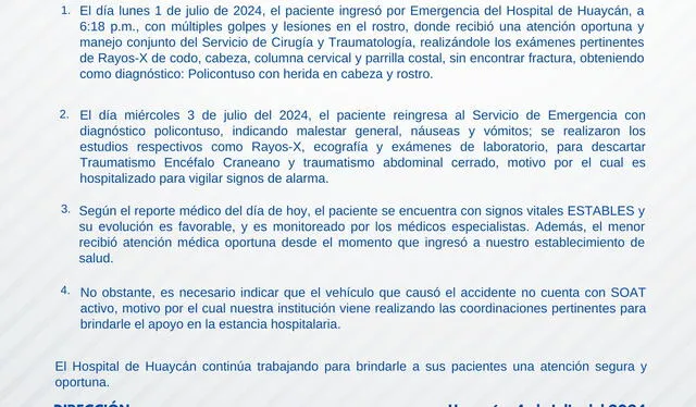 Comunicado del Ministerio de Salud. Foto: Hospital Huaycán 