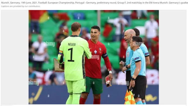  Foto de Cristiano Ronaldo y Neuer usada por el bulo. Foto: captura en web / Alamy.<br><br>    