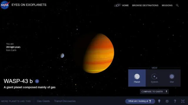 La Tierra comparada en tamaño con el exoplaneta WASP-43b. Fotocaptura: NASA 