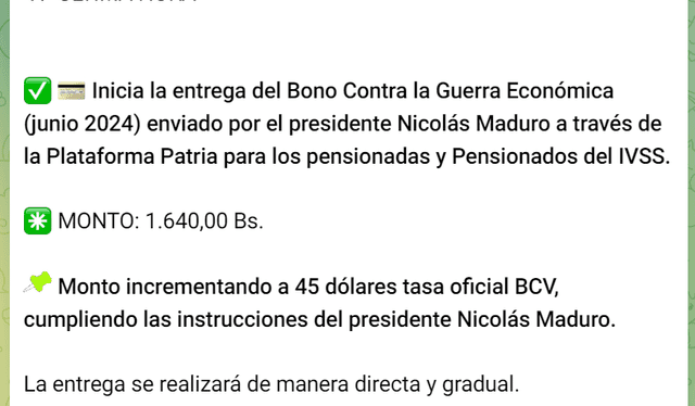 El mes pasado, el pago del Bono de Guerra a los pensionados se realizó el viernes 21 de junio. Foto: Canal Patria Digital/Telegram