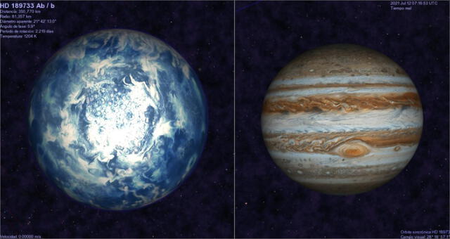  Imagen comparativa entre el planeta HD 189733 b y Júpiter. Foto: Celestia   