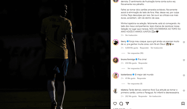  Este fue el mensaje que dejó Vinícius Júnior tras el fin de la participación de Brasil en la Copa América. Foto: captura de Instagram    