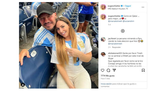  María Eugenia Schlatter y Marcelo Tinelli en la Copa América 2024 en EE.UU. Foto: María Eugenia Schlatter/ Instagram  