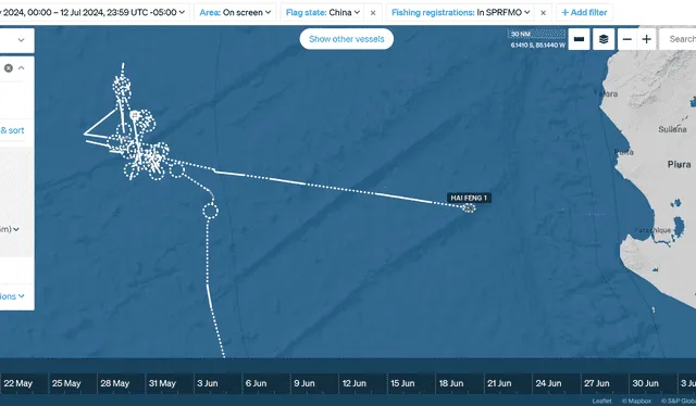 Trayectoria del barco Hai Feng 1 ingresando a Perú. Las partes interlineadas representan los momentos donde se apagaron los equipos de AIS. Fuente: Starboard Marine Intelligence. 