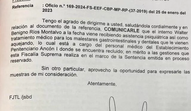  Fiscal supremo Franklin Tomy informa a la fiscal Magaly Quiroz sobre los problemas de salud del exjuez Ríos    